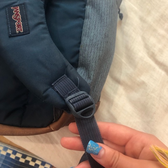 Jansport Navy Blue & Brown Leather Bottom Multi Pocket Large Backpack - Picture 6 of 6